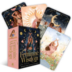 Set of 'Feminine Wisdom' tarot cards with colorful designs and text.