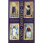 Book cover of 'The Byzantine Tarot' by John Matthews and Cilla Conway with tarot card illustrations.