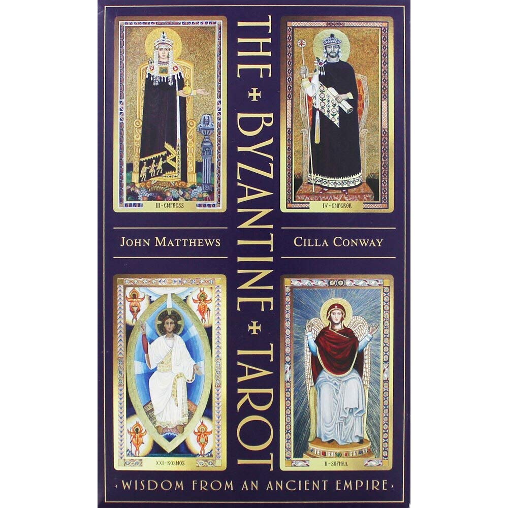 Book cover of 'The Byzantine Tarot' by John Matthews and Cilla Conway with tarot card illustrations.