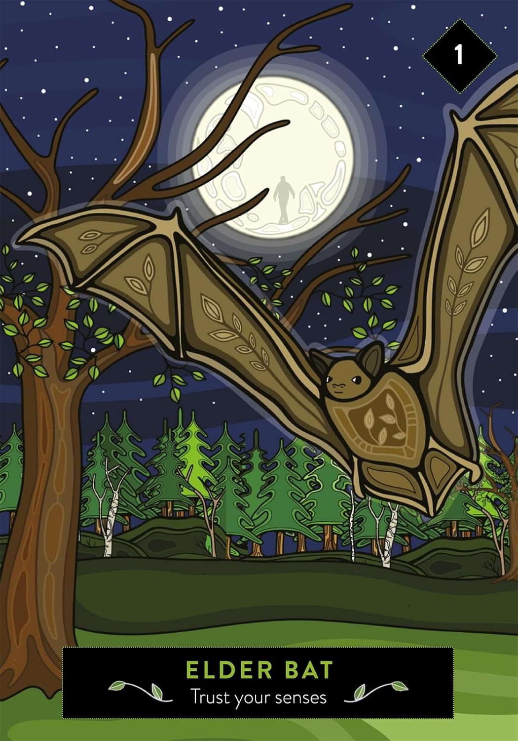 Illustration of an elder bat flying at night with a full moon and trees in the background.