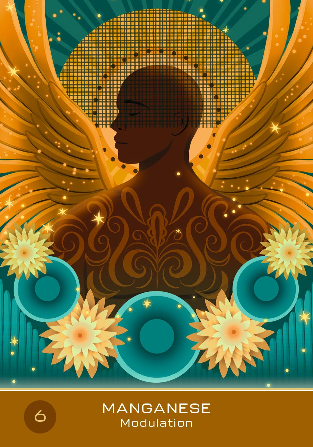 Artistic depiction of a person with wings and floral elements on a colorful background