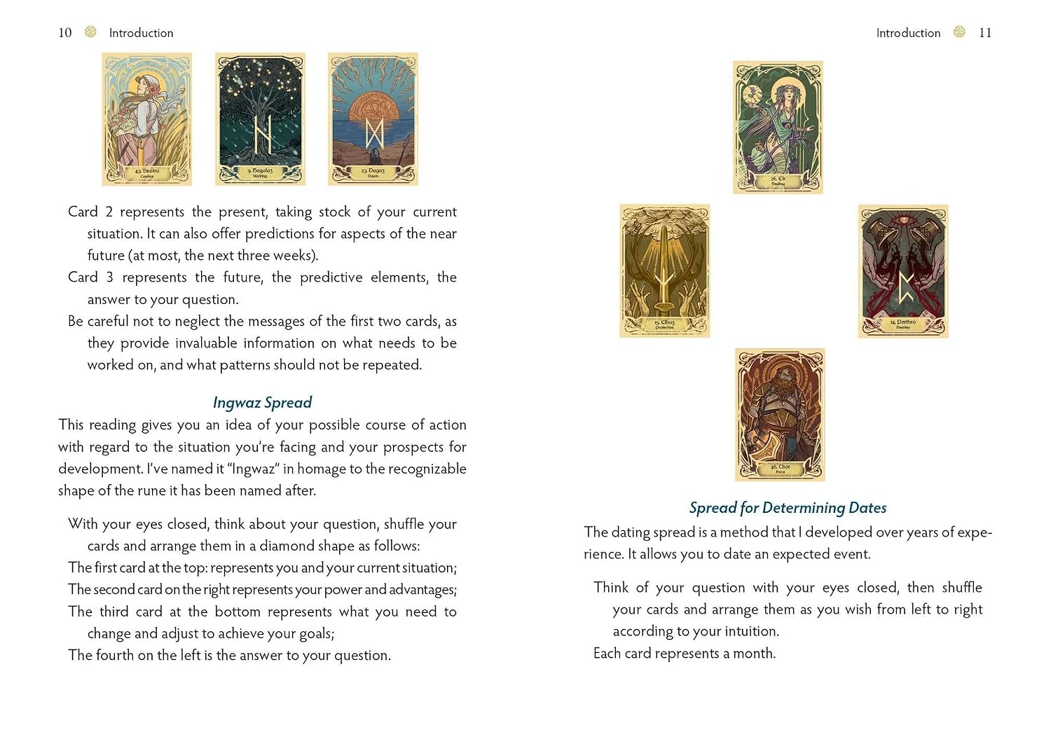 A printed informational page with text blocks, small illustrated cards, and two larger vertical runic charts on a white page. This is not a product beauty shot, not a person-in-environment lifestyle image, and not a measurement chart, color swatch, or instruction diagram for assembling/using a product; it appears to be a digital or printed guide/booklet preview, so subject_type is Other.
