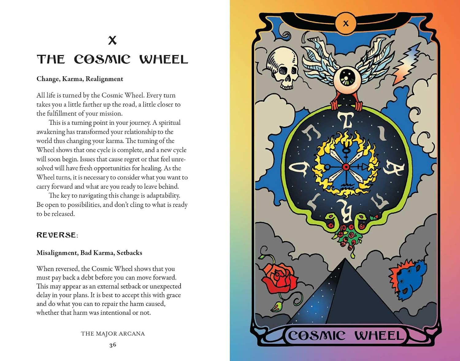 A printed page from The Major Arcana card 'X The Cosmic Wheel' with explanatory text on the left and the card artwork on the right, set against a rainbow gradient background.