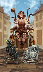 Character in fantasy attire sitting on a chariot with mechanical elements and a cat, set against a cityscape.