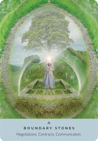 Person standing in a stone circle with a tree in the center, surrounded by greenery.
