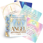 Set of angel affirmation cards with colorful designs and text on a white background