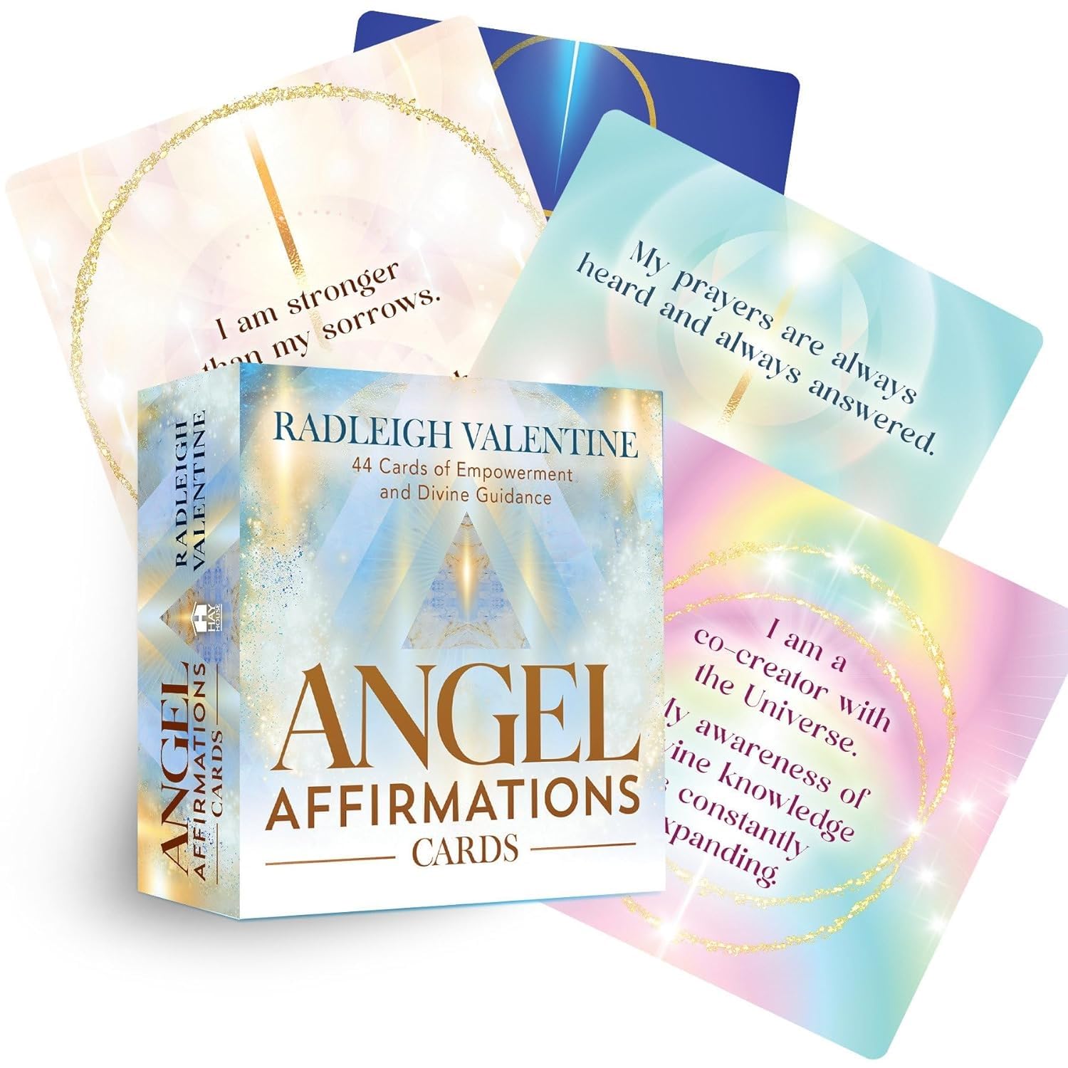 Set of angel affirmation cards with colorful designs and text on a white background