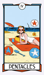 Tarot card titled 'Dentacles' with a woman on a beach, sun umbrella, and sand toys.