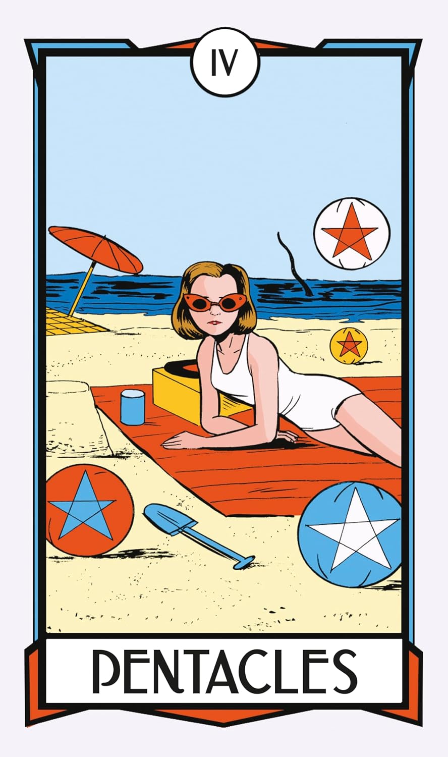Tarot card titled 'Dentacles' with a woman on a beach, sun umbrella, and sand toys.