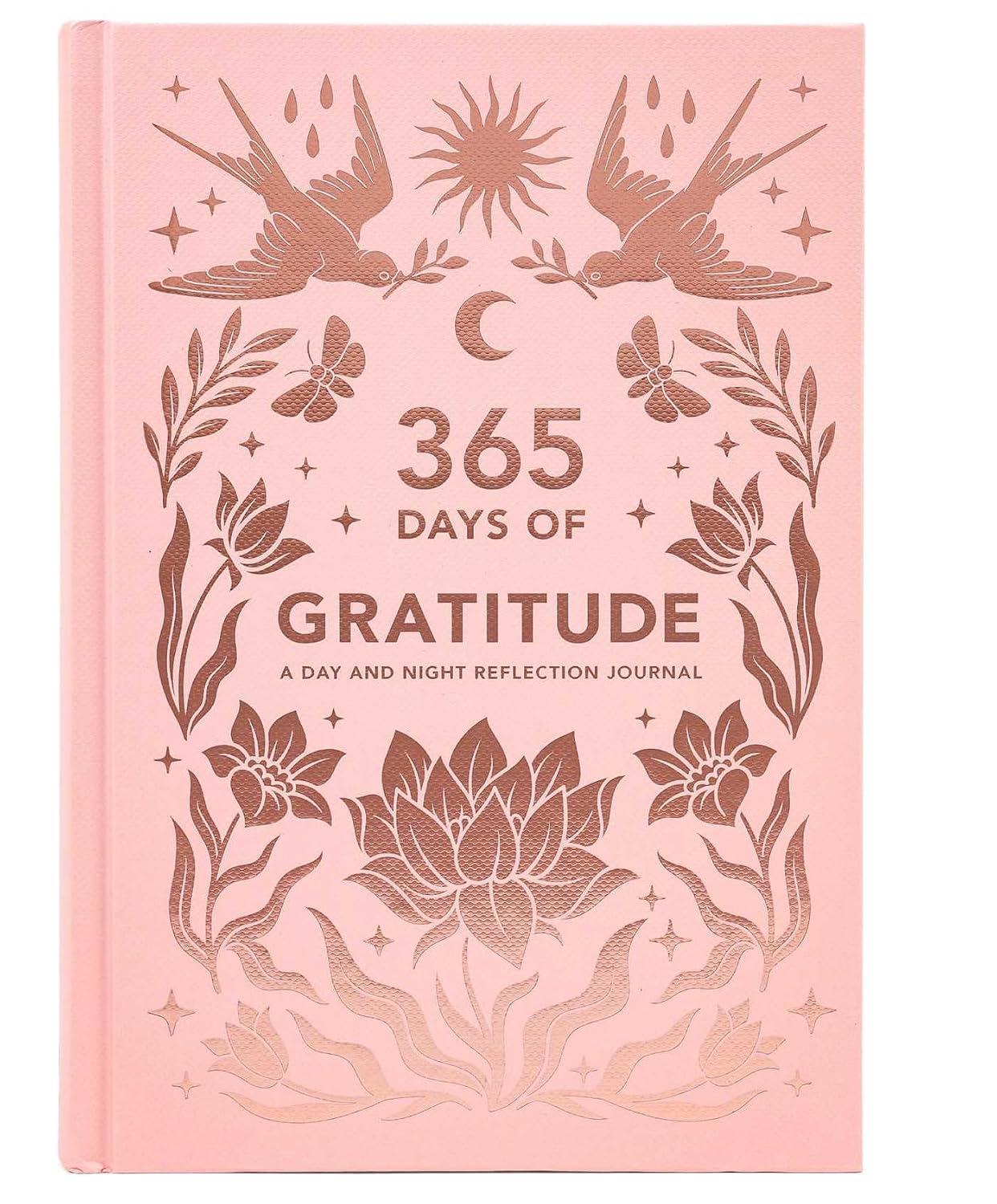 Pink journal titled '365 Days of Gratitude' with floral and bird designs on a white background