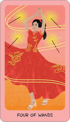 A tarot card titled 'FOUR OF WANDS' featuring an illustrated woman in a flowing red dress with gold embroidery, surrounded by glowing yellow wands on a pink and orange background.