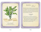 Card with basil plant illustration and text on a purple border