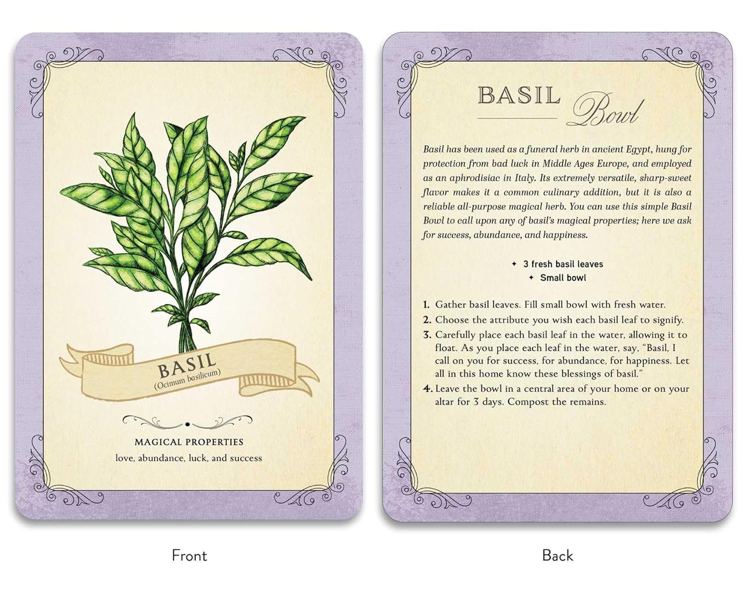 Card with basil plant illustration and text on a purple border