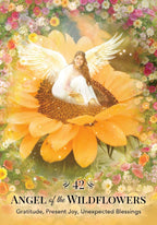 Woman with wings sitting on a sunflower surrounded by wildflowers with text 'Angel of the Wildflowers'.