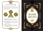 A flat lay of a Major Arcana card deck box cover and its inner card instructions. The right side shows the ornate black and gold box cover with the title 'MAJOR ARCANA' in an oval frame.