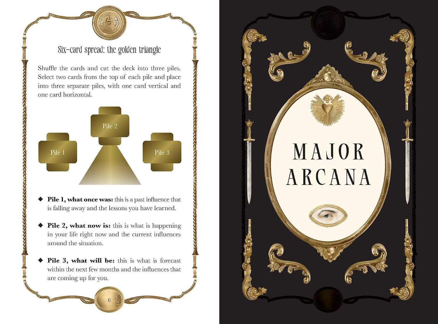 A flat lay of a Major Arcana card deck box cover and its inner card instructions. The right side shows the ornate black and gold box cover with the title 'MAJOR ARCANA' in an oval frame.