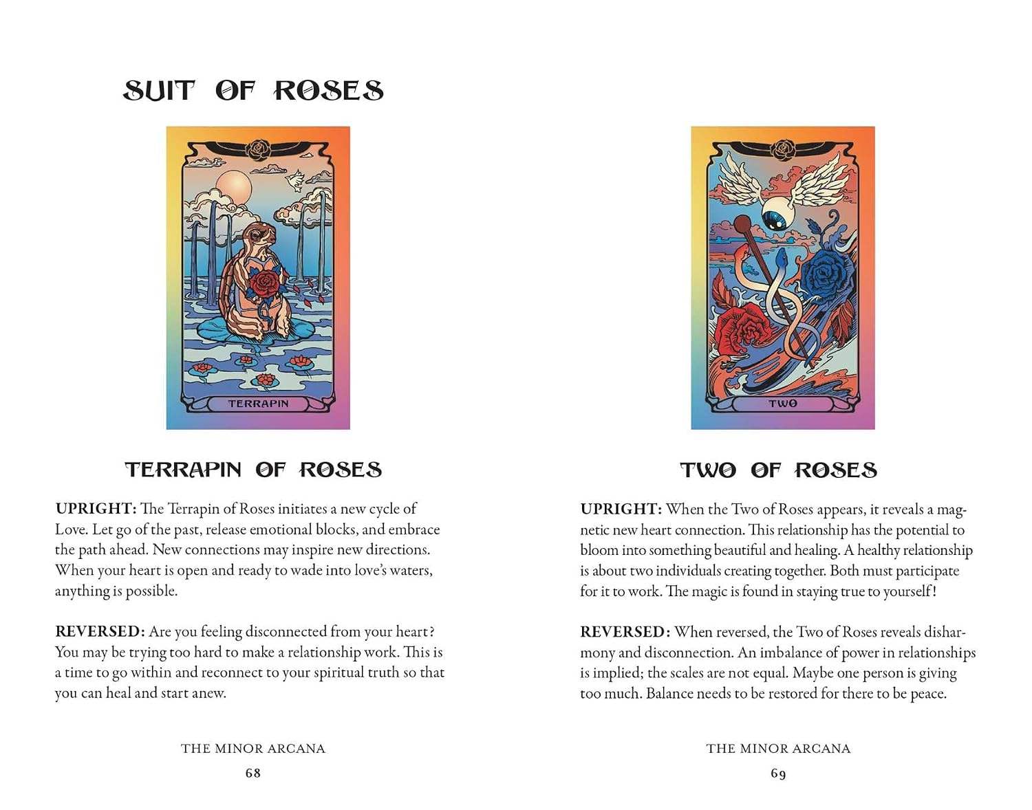 A printed card or booklet spread titled 'SUIT OF ROSES' showing two illustrated tarot-style cards and explanatory text for 'Terrapin of Roses' and 'Two of Roses' from The Minor Arcana.