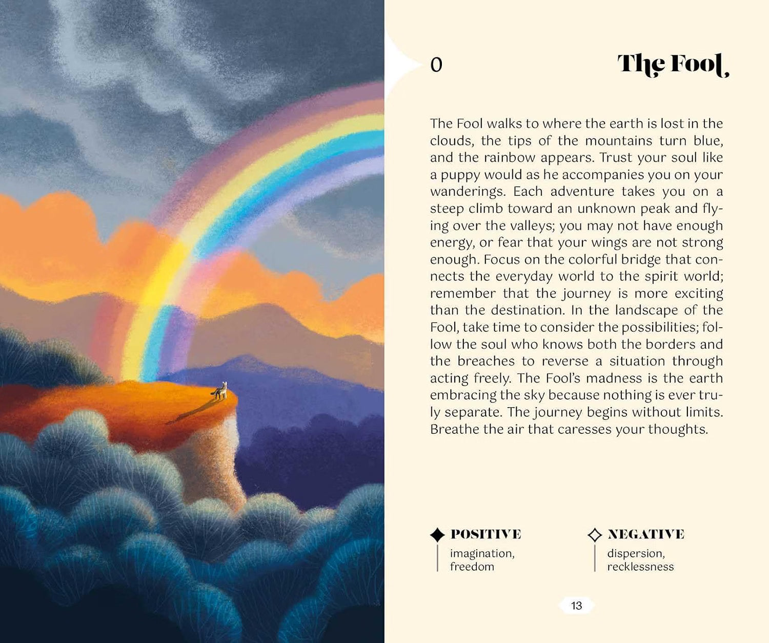 A printed page with a large abstract blue and orange artwork on the left, a cream text column on the right titled 'The Fool,' a short inspirational passage, and small positive/negative labels at the bottom.