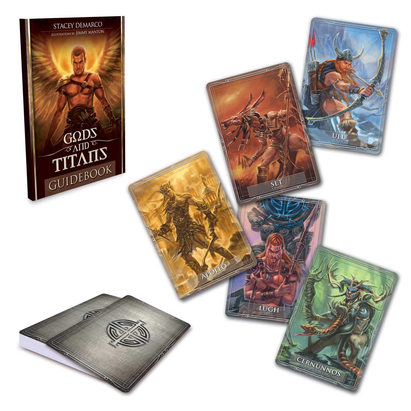 Collection of 'Gods of Mid-Atlantic' trading cards and guidebook on a white background