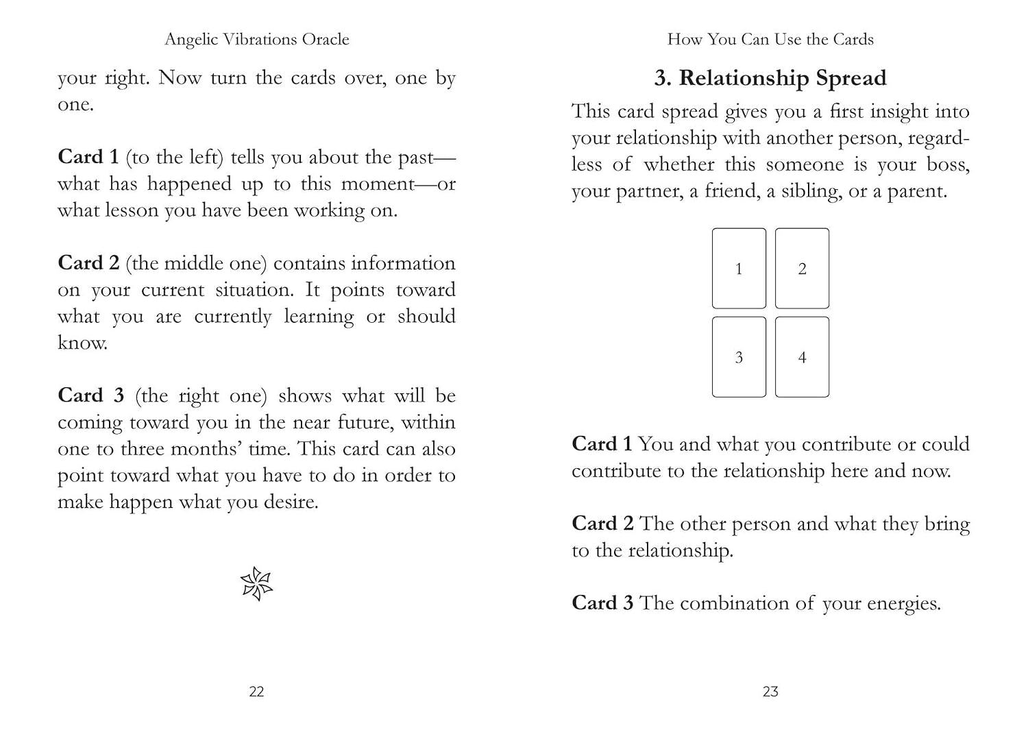 Instructions for using Angelic Vibrations Oracle cards with relationship spread on a white background