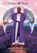 Man with angel wings holding a globe and a crystal ball in a lavender field with 'Zadkiel Purple' branding.