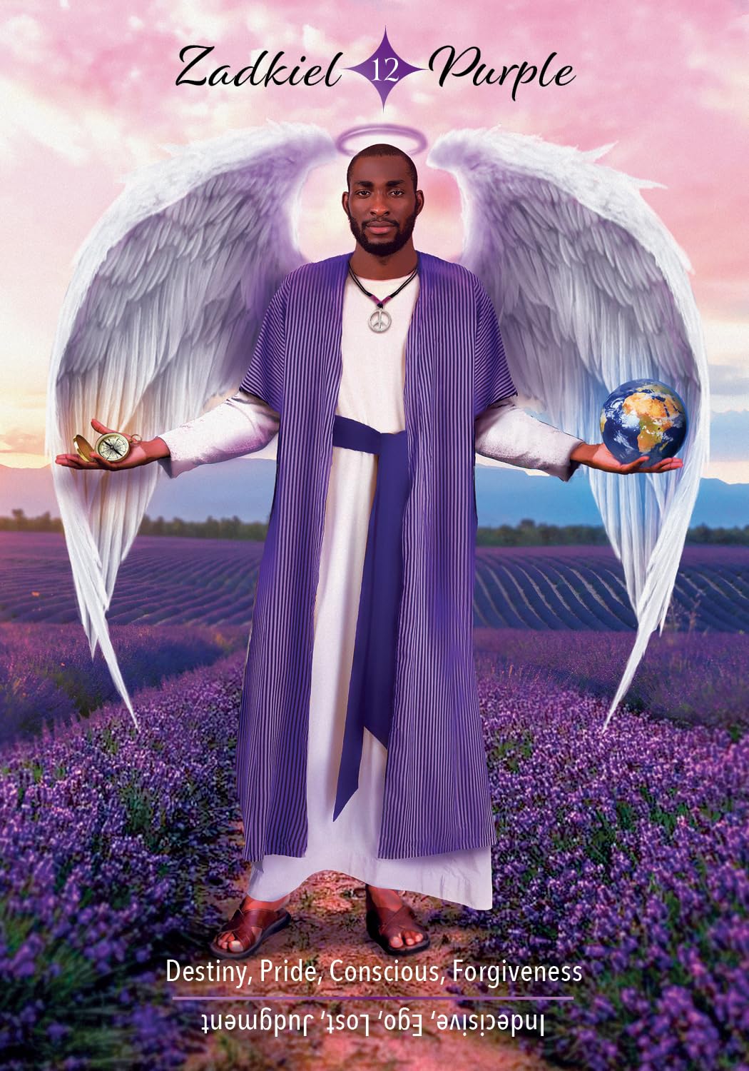 Man with angel wings holding a globe and a crystal ball in a lavender field with 'Zadkiel Purple' branding.