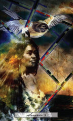 Artistic depiction of a person with wings and abstract elements