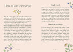 Instructions on using oracle cards with text and illustrations on a beige background