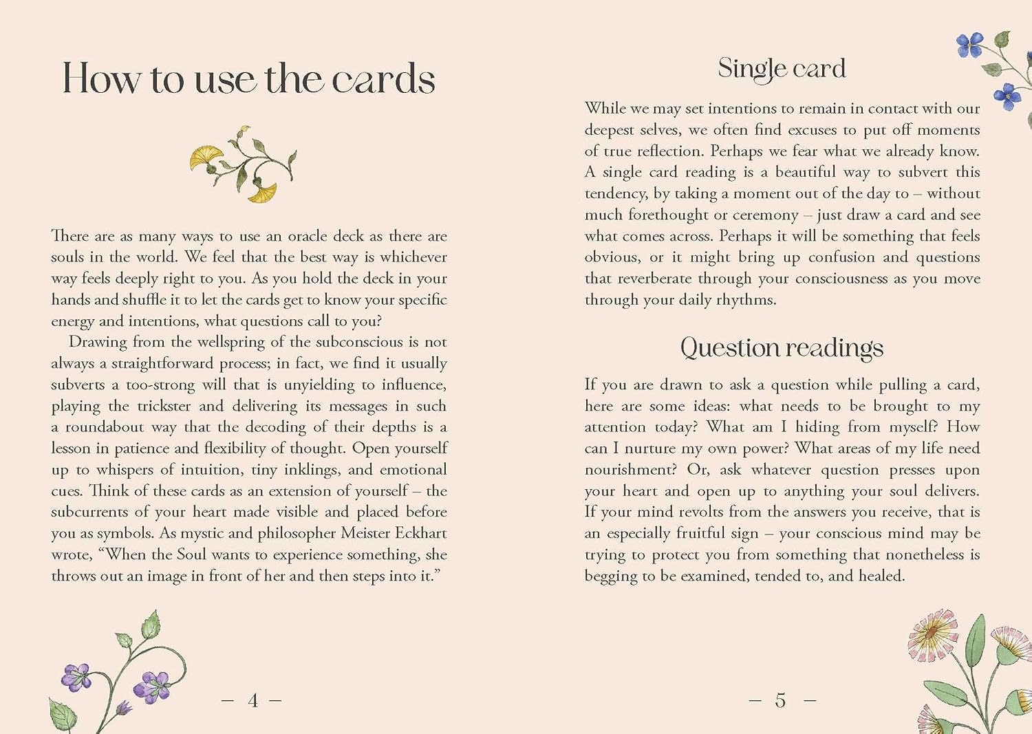Instructions on using oracle cards with text and illustrations on a beige background