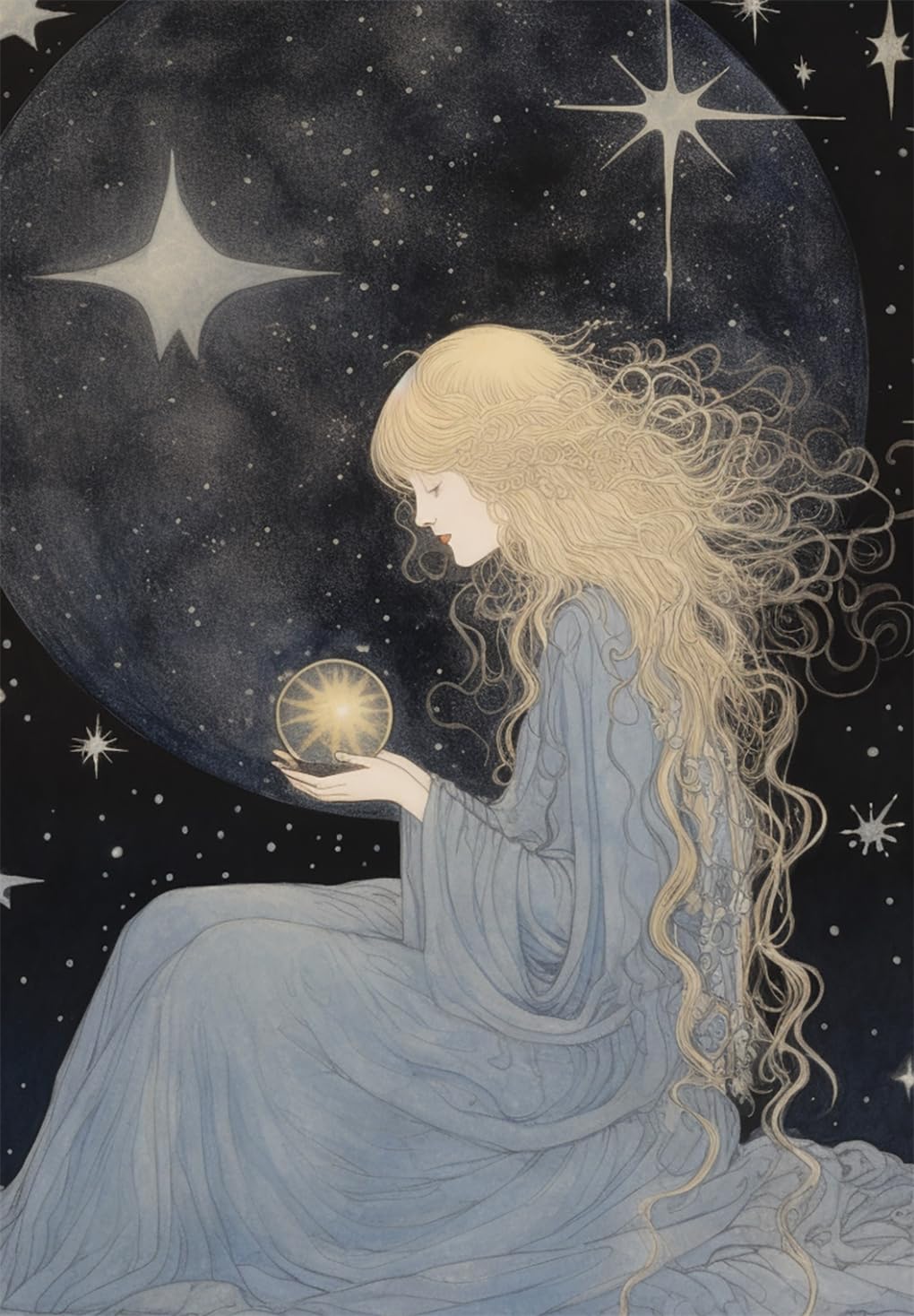 Woman in a long, flowing dress holding a glowing orb against a starry night sky.