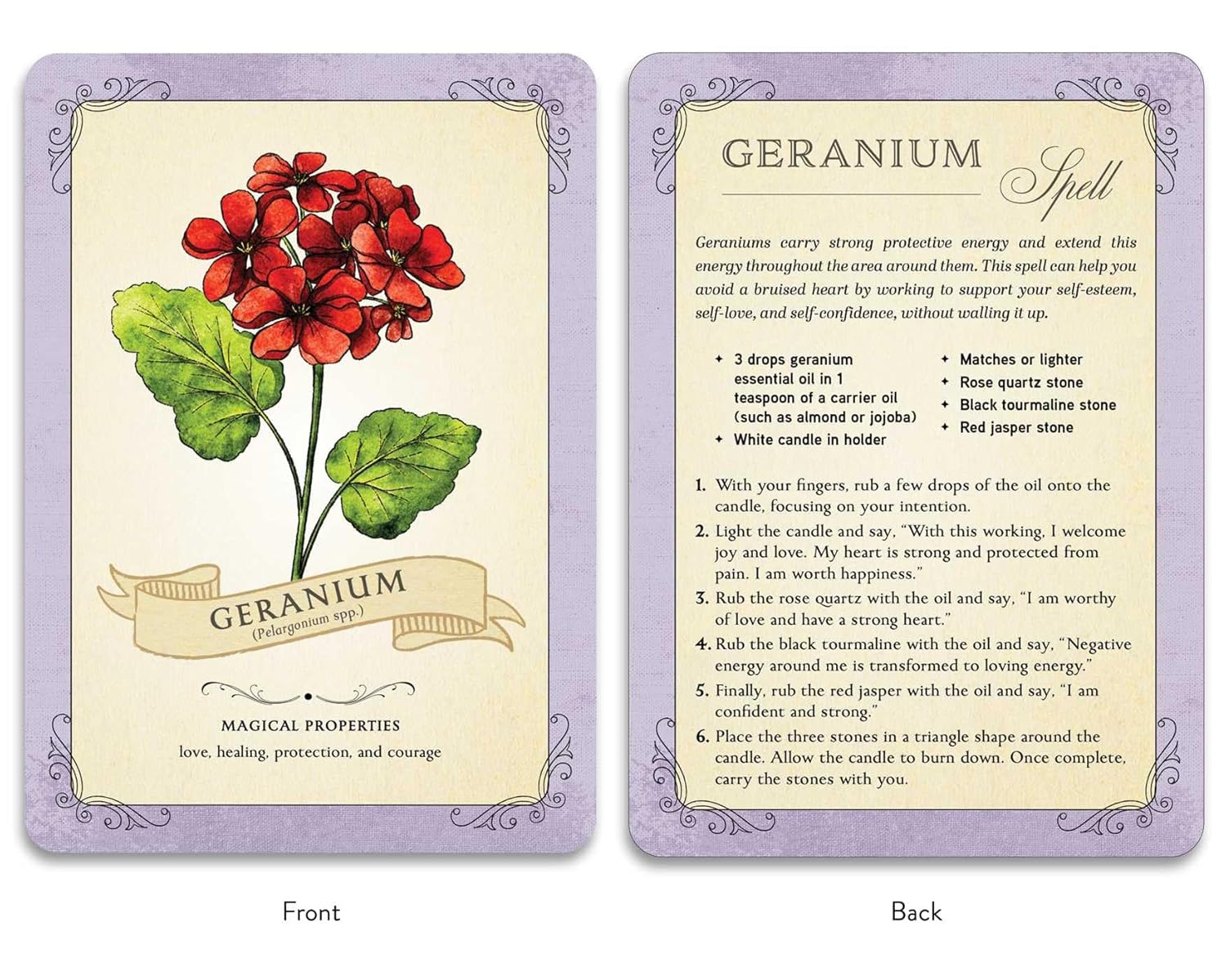 Card with geranium illustration and spell instructions on a white background