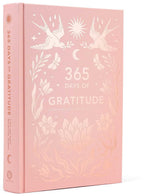 Pink book titled '365 Days of Gratitude' with white illustrations on a white background