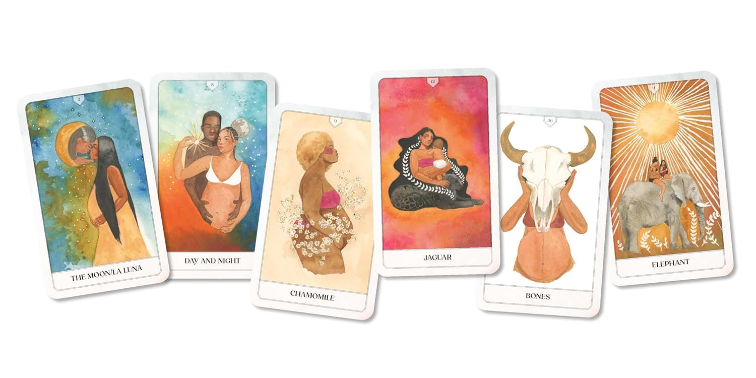 Set of tarot cards with colorful designs and symbols on a white background