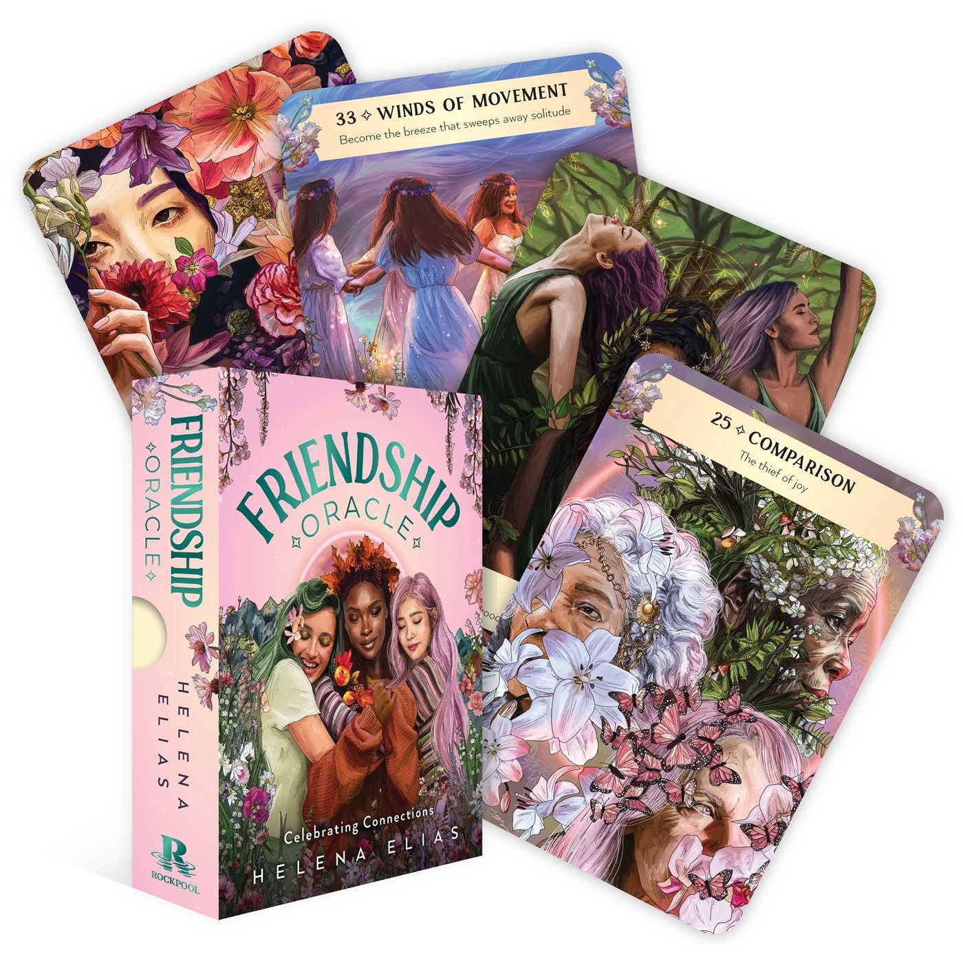 Friendship Oracle cards with colorful illustrations and a box titled 'Friendship Oracle' by Helena Elias.