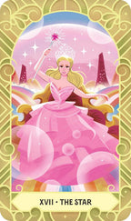 A tarot card illustration titled 'XVII. THE STAR' shows a blonde woman in a pink gown holding a glowing wand, seated in a whimsical fantasy scene with stars, bubbles, and a decorative gold border.