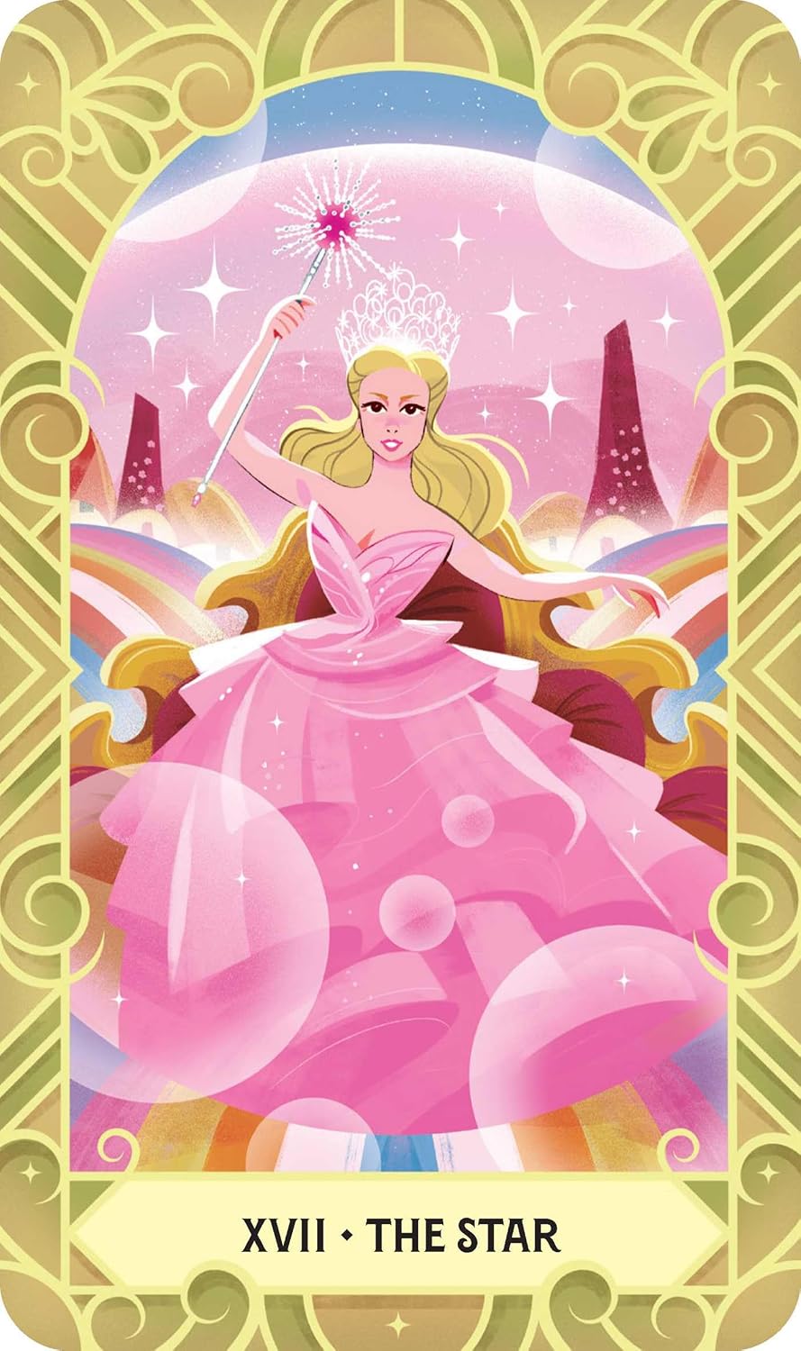 A tarot card illustration titled 'XVII. THE STAR' shows a blonde woman in a pink gown holding a glowing wand, seated in a whimsical fantasy scene with stars, bubbles, and a decorative gold border.