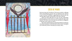 Card with artwork of two figures and a gate, accompanied by text on a black background.
