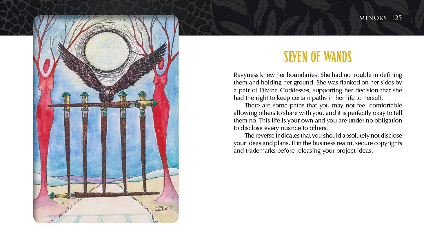 Card with artwork of two figures and a gate, accompanied by text on a black background.