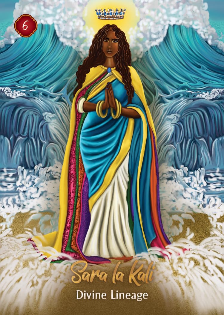 A stylized illustrated card or cover art showing a woman in a blue, yellow, and white draped robe standing in front of large blue ocean waves, with a crown above her head and the text 'Sara la Kali' and 'Divine Lineage' at the bottom.