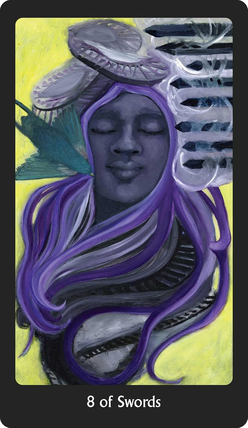 Card from a tarot deck featuring a stylized portrait with '8 of Swords' text on a yellow background.