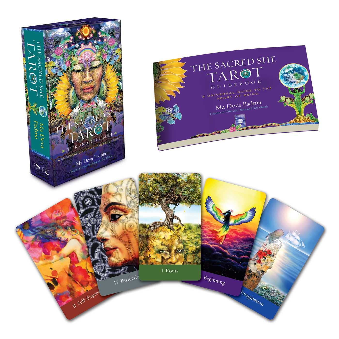 The Sacred She Tarot set with tarot cards and guidebook on a white background