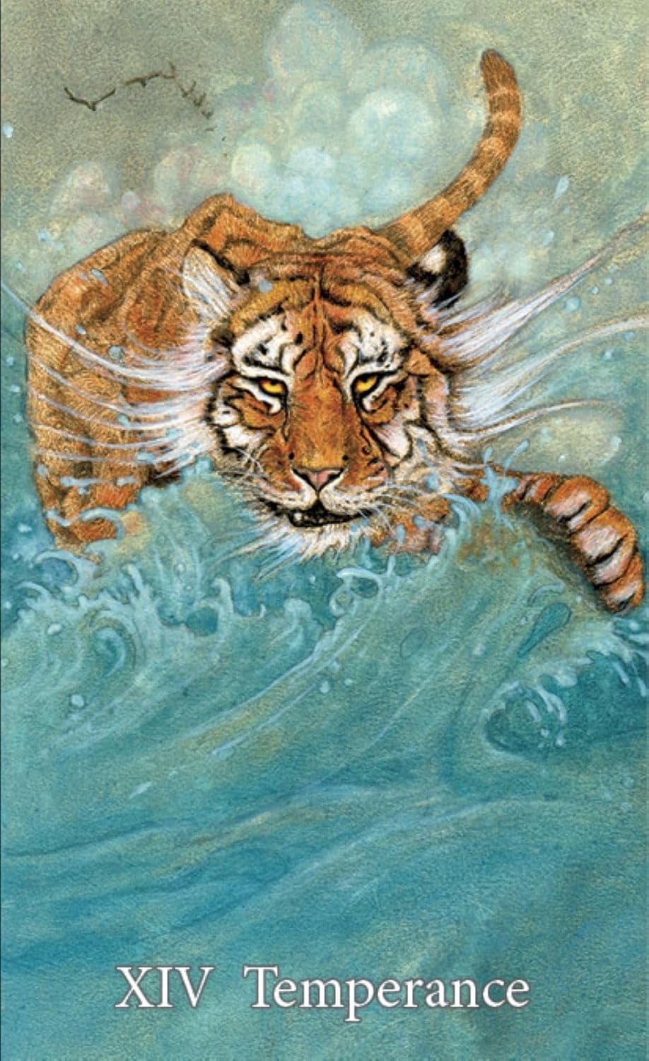 Illustration of a tiger swimming with water splashes, labeled 'XIV Temperance'.