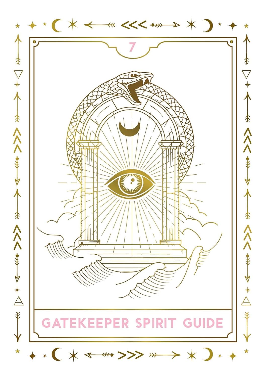 A tarot-style card illustration with a snake coiled around an arch, a central eye motif, rays of light, and the text 'GATEKEEPER SPIRIT GUIDE' at the bottom. The design uses gold line art on a white background with pink title text.