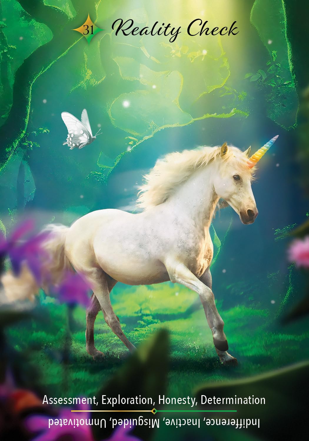Unicorn in a fantasy forest with a butterfly, surrounded by greenery and flowers.