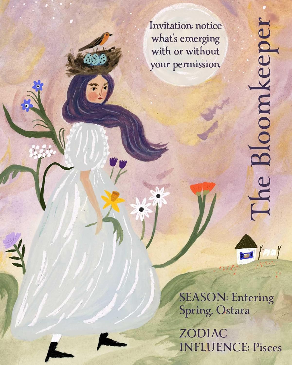 A watercolor-style invitation card design featuring a young woman in a long white dress with dark purple hair, standing among flowers. Text on the card reads 'The Bloomkeeper' and includes seasonal and zodiac information: 'Entering Spring Ostara', 'Zodiac Influence: Pisces'.