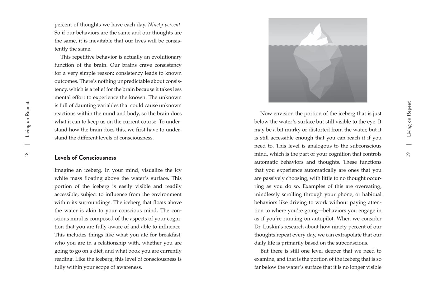 A printed book or magazine page with two columns of black text on a white page, titled 'Living in Thought' at the top, showing paragraphs of discussion about consciousness and the brain.