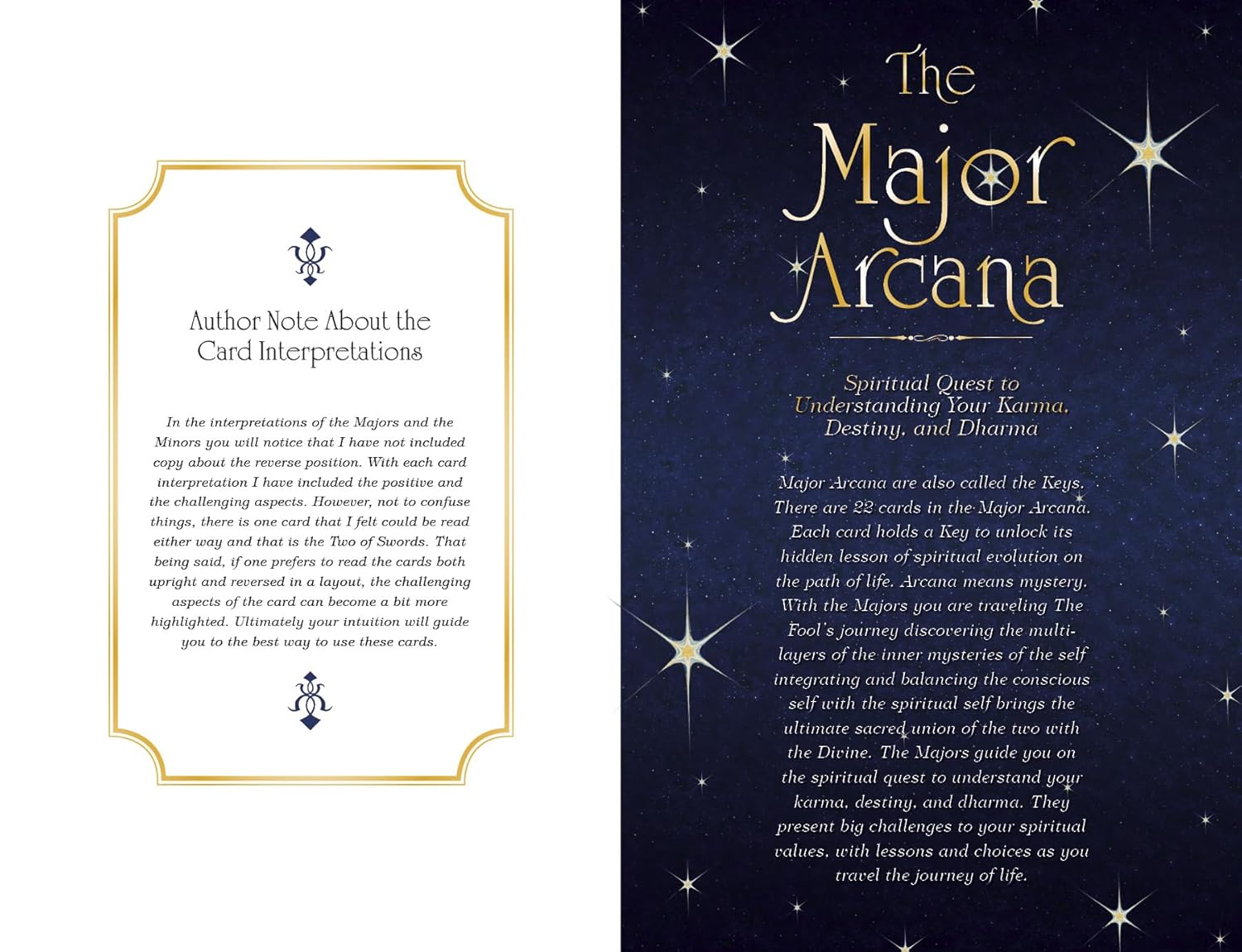 Two pages from a book or deck of cards titled 'The Major Arcana' with text and star illustrations.