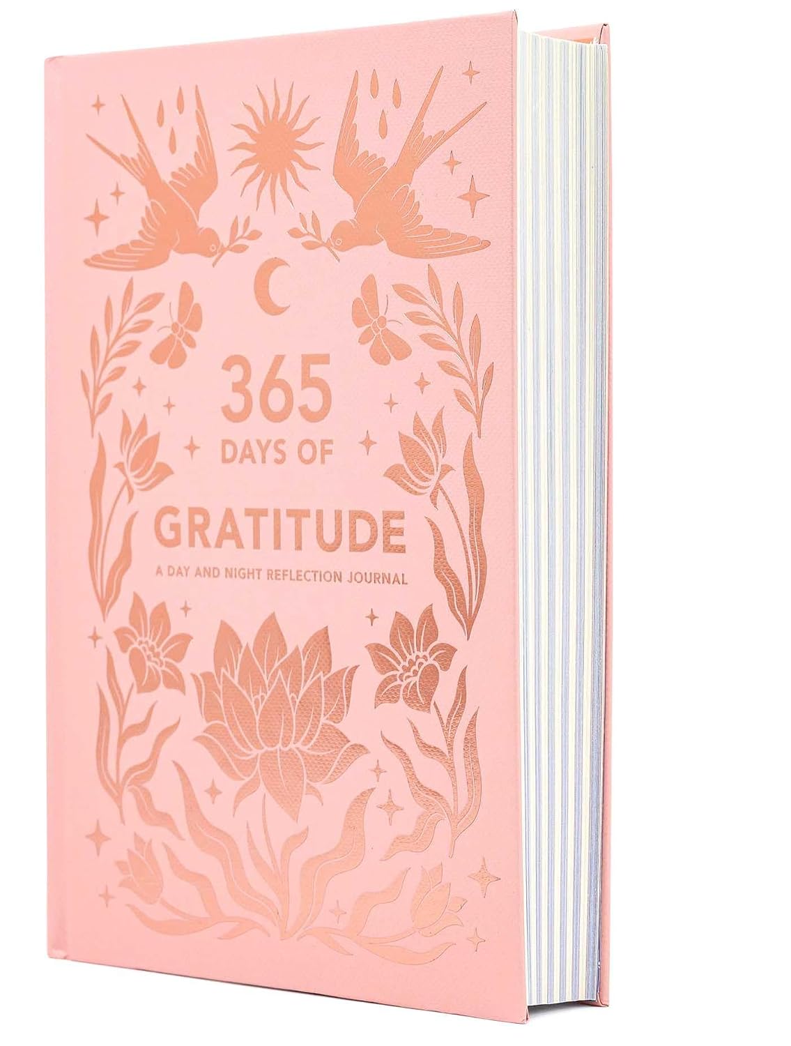 Pink journal titled '365 Days of Gratitude' with floral and bird designs on a white background