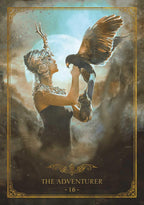 A tarot-style card illustration titled 'The Adventurer 16' with ornate gold border details. The scene shows a woman in profile wearing a deer-like headdress, reaching toward a large bird perched on her arm, against a smoky blue and brown background.