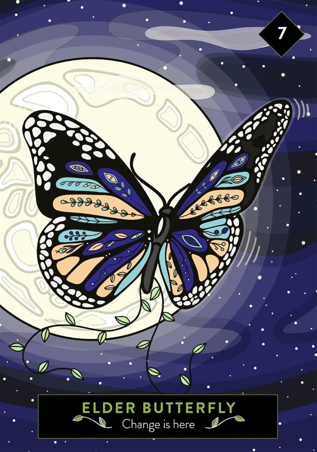 Butterfly design with a moon in the background, labeled 'Elder Butterfly'.